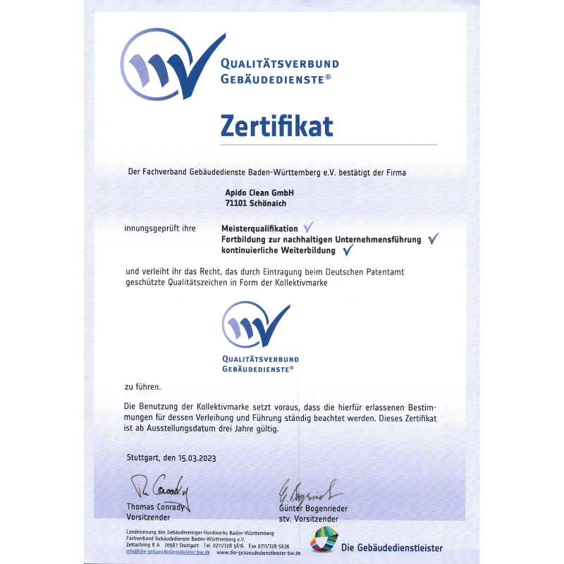 APIDO Clean – zertifizierte Qualität in der Gebäudereinigung- geprüfte Standards für Sauberkeit, Umweltbewusstsein und Arbeitssicherheit.