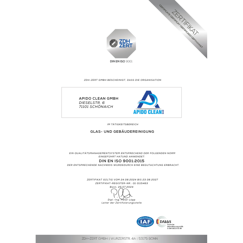 Zertifiziert nach ISO 9001 – APIDO Clean steht für geprüfte Qualität und strukturierte Reinigungsprozesse auf höchstem Niveau. Zertifiziert nach ISO 9001 – APIDO Clean steht für geprüfte Qualität und strukturierte Reinigungsprozesse auf höchstem Niveau.